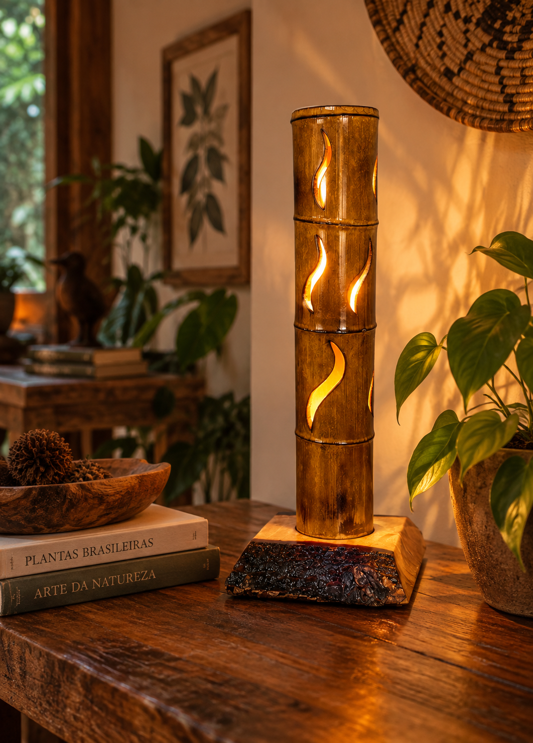 Luminária de bambu artesanal acesa em ambiente com plantas e luz quente