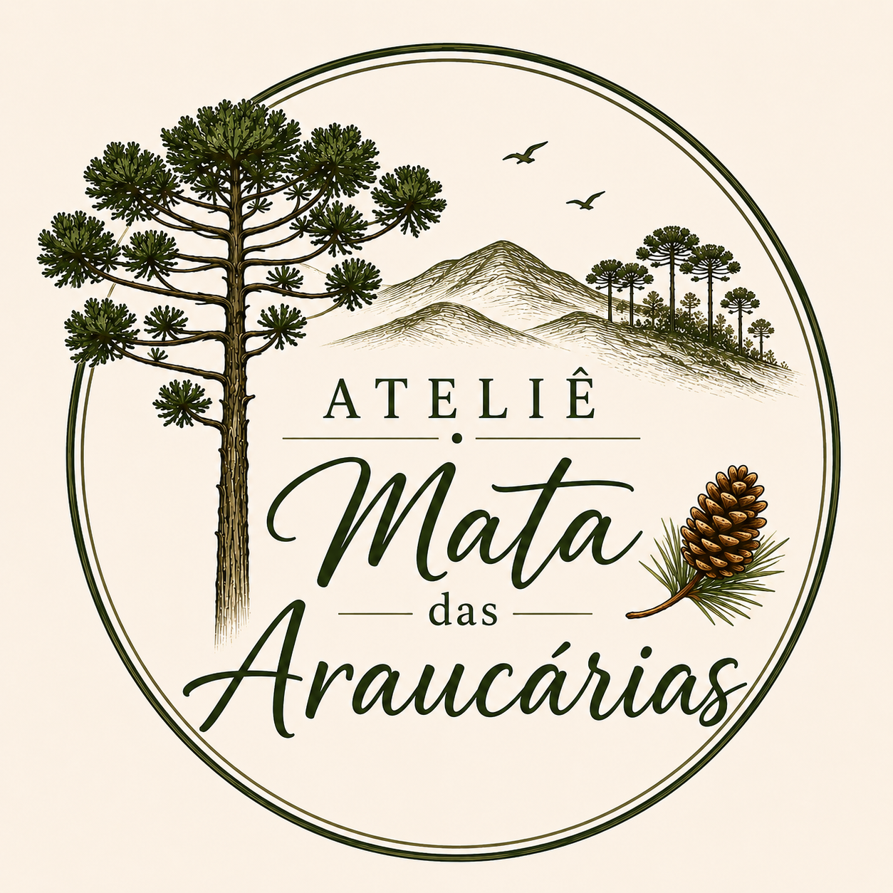 Logotipo do Ateliê Mata das Araucárias com araucária, montanhas e pinhão